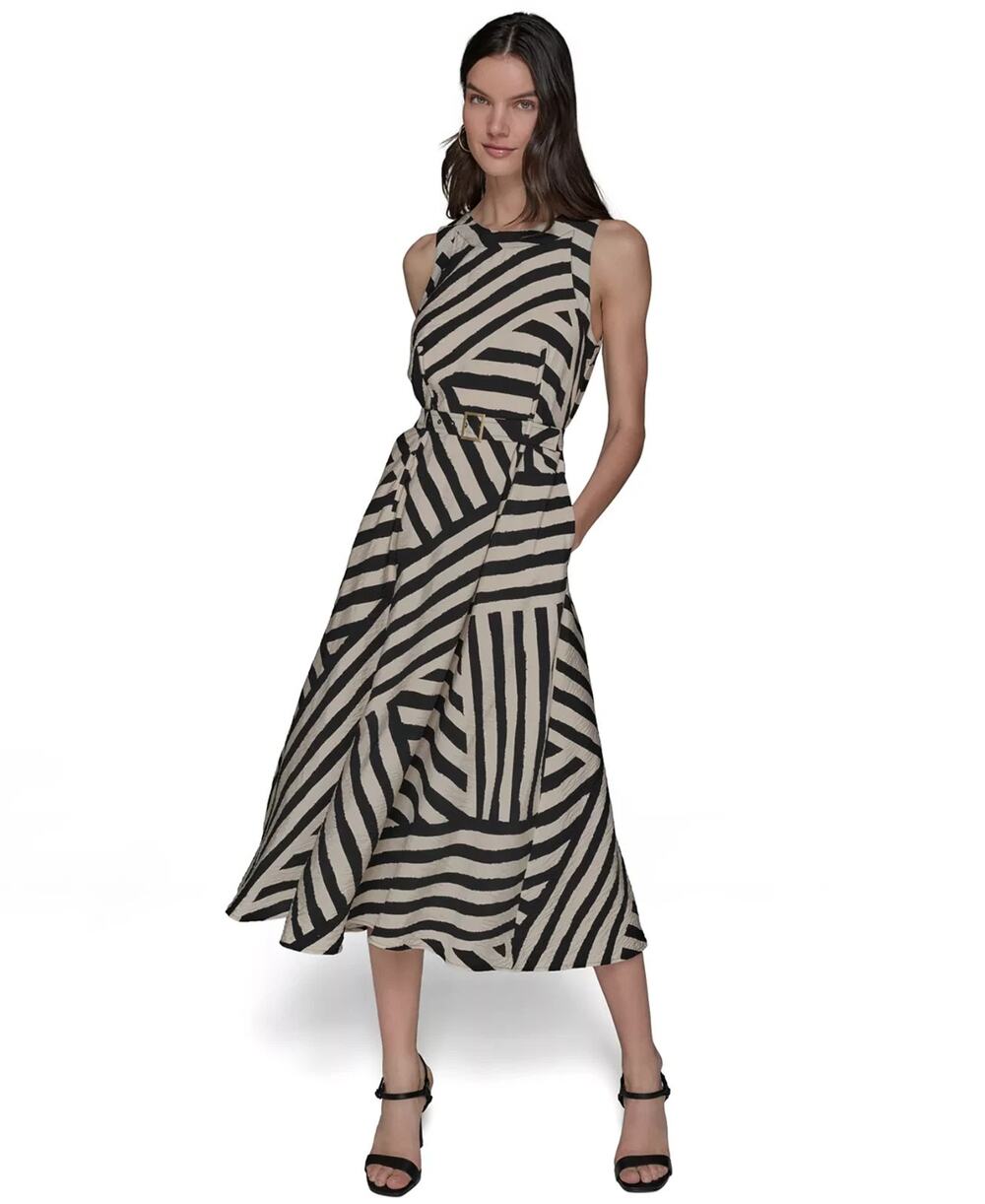 Karl Lagerfeld Paris Midi Dress Womens 0 Black White Oyster Stripe Belted NWT